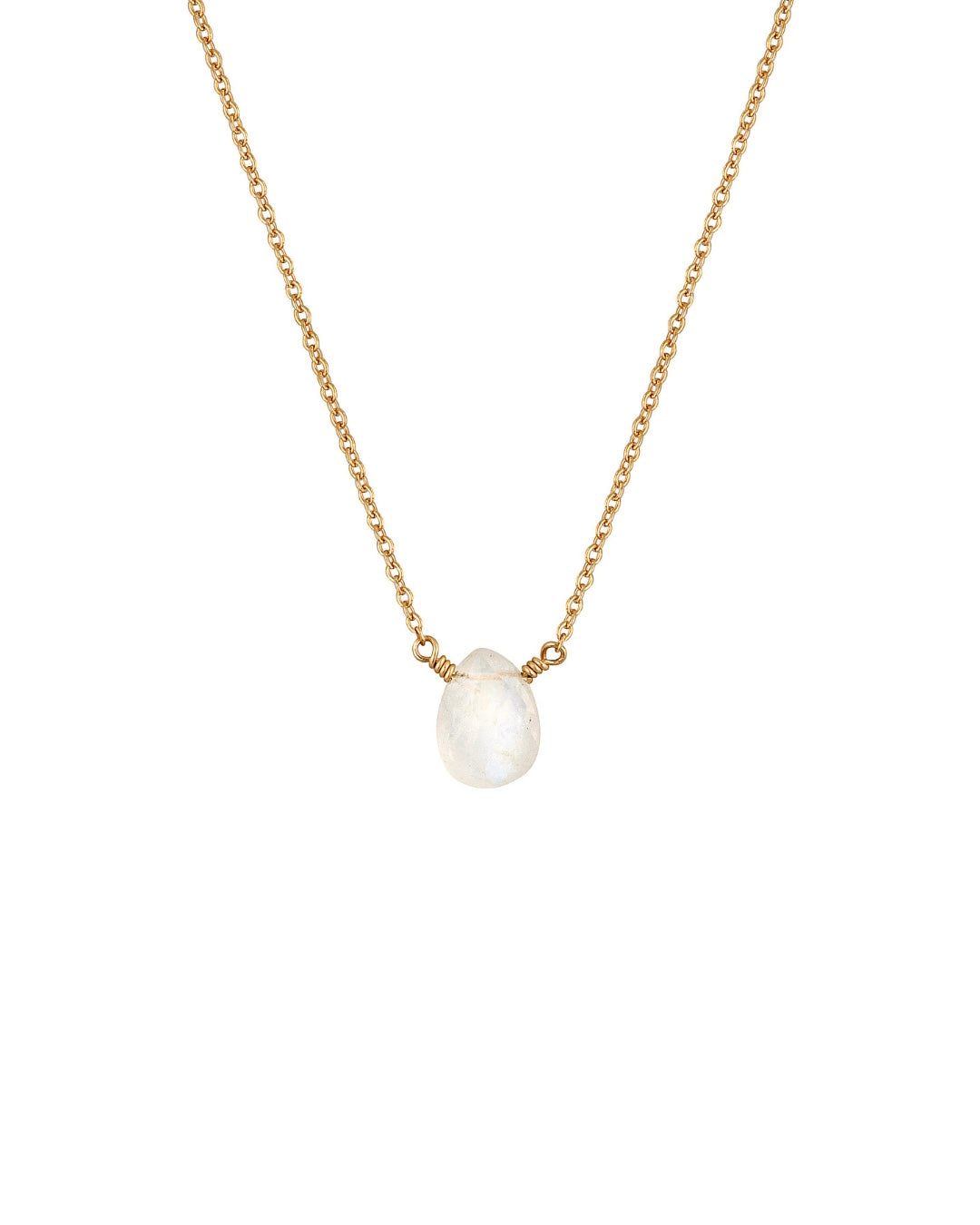 Gold necklace with a Moonstone teardrop pendant on a white background
