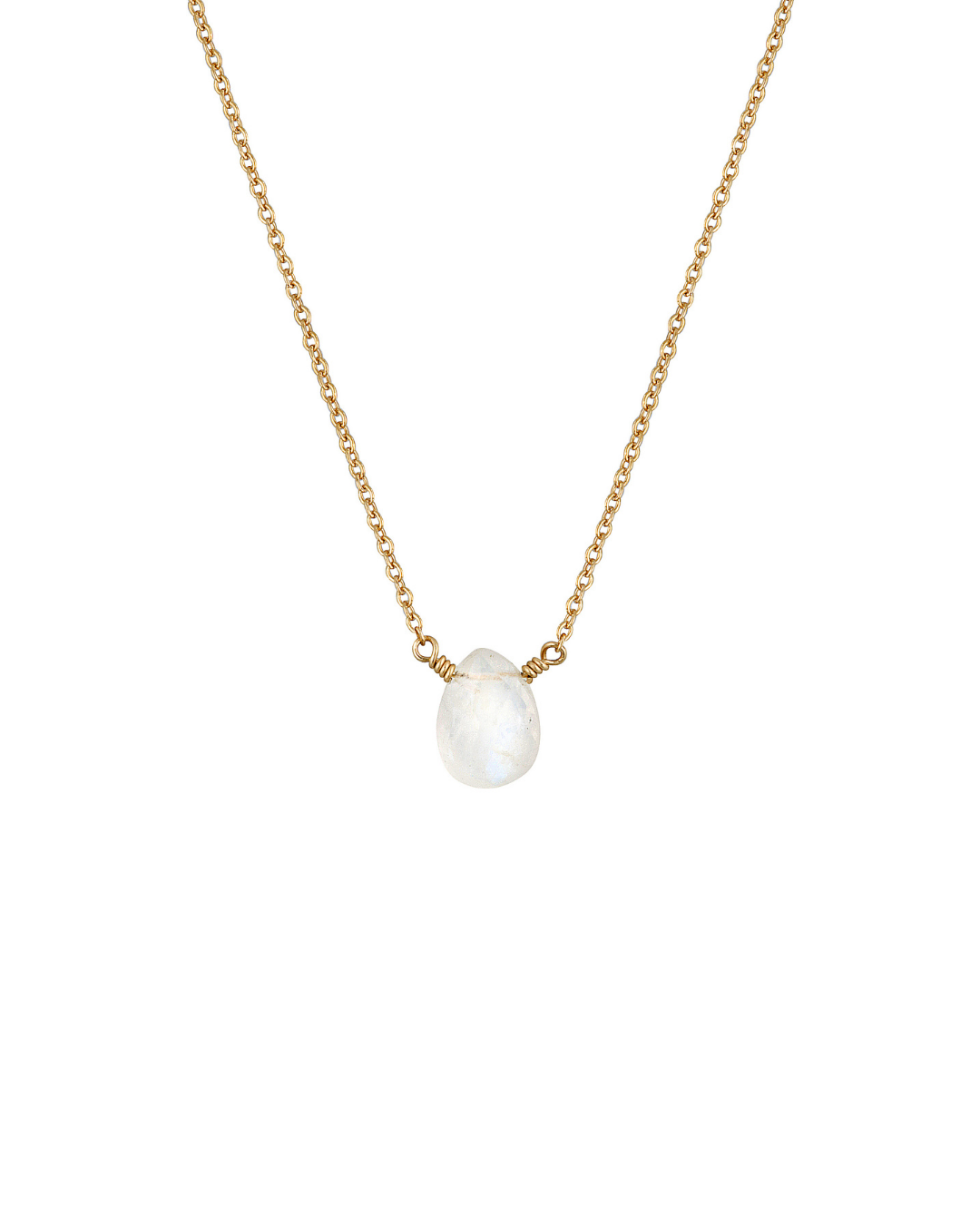 Gold necklace with a Moonstone teardrop pendant on a white background