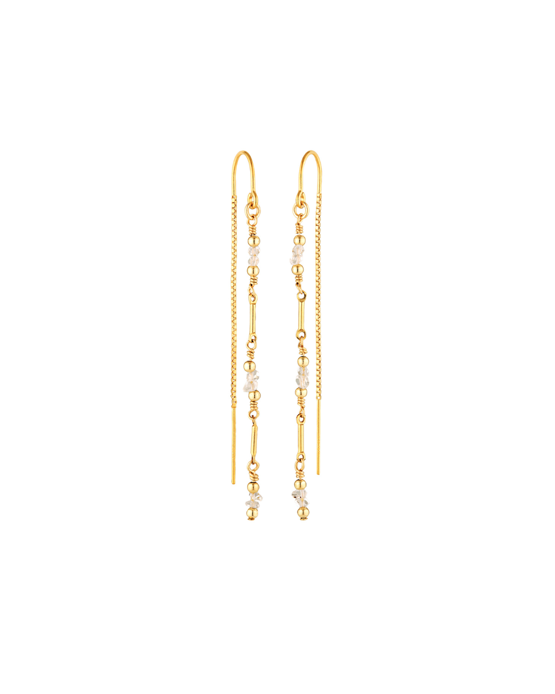 Gold thread earrings with herkimer diamond gemstones on a white background