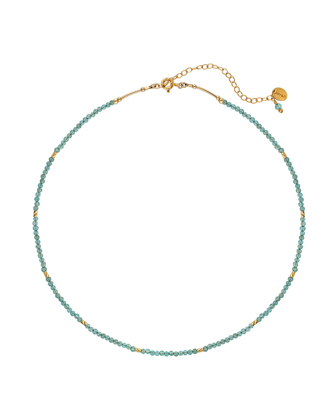 Necklace with blue apatite beads on a white background