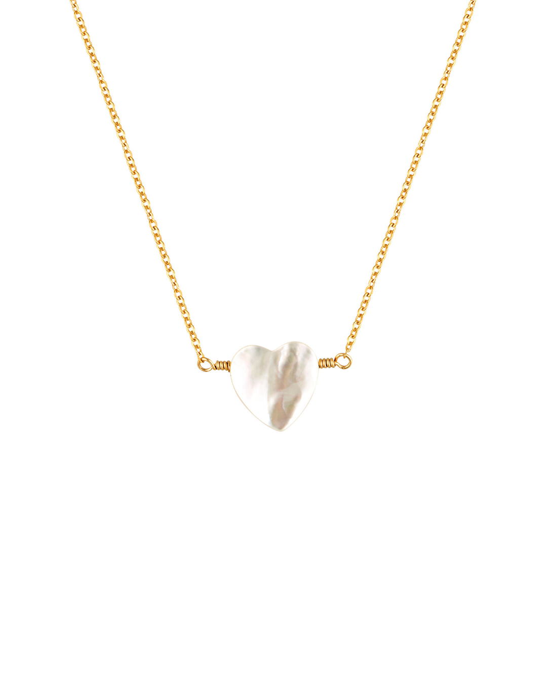 Gold necklace with a heart-shaped mother of pearl pendant on a white background