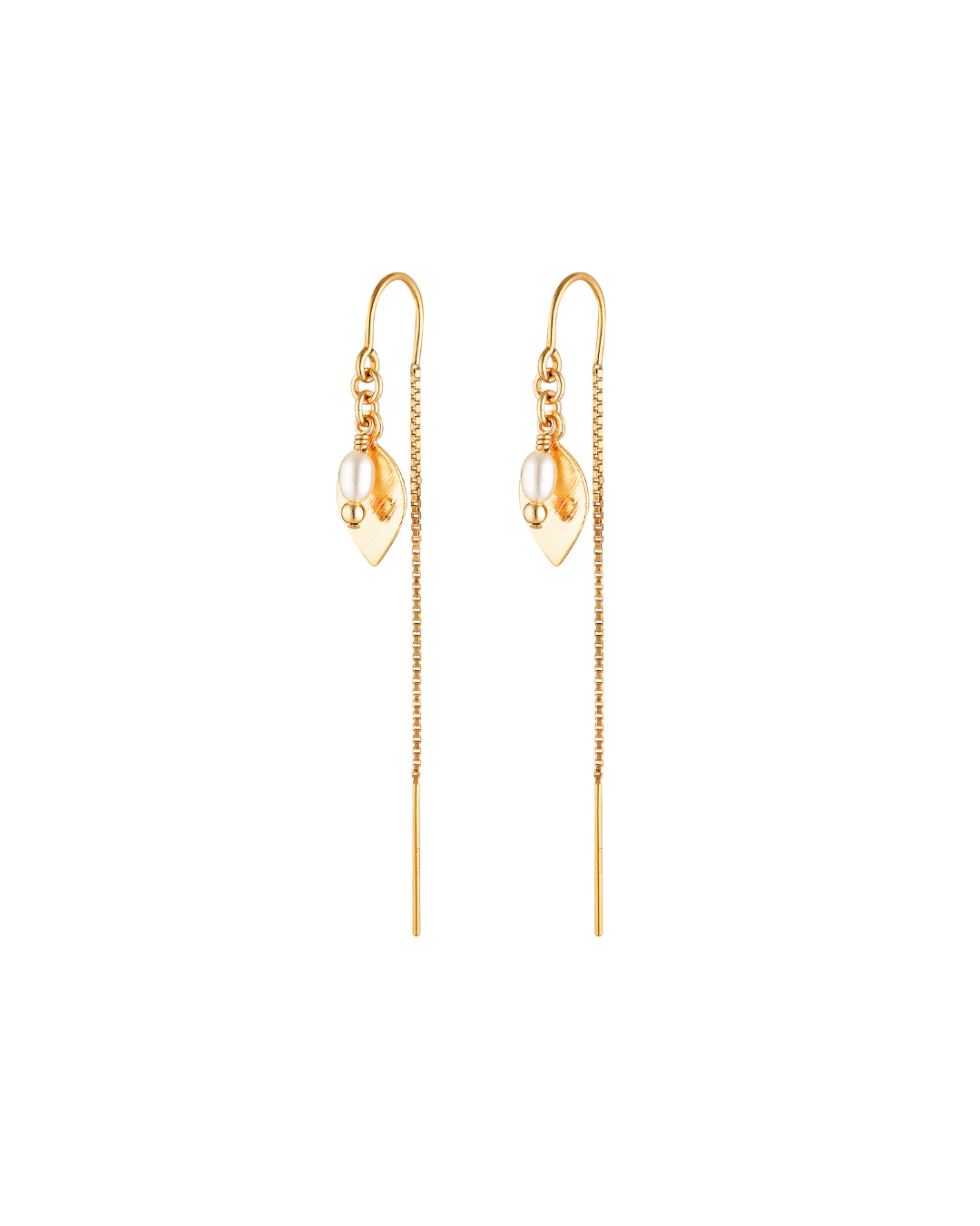 Gold thread earrings with pearls on a white background