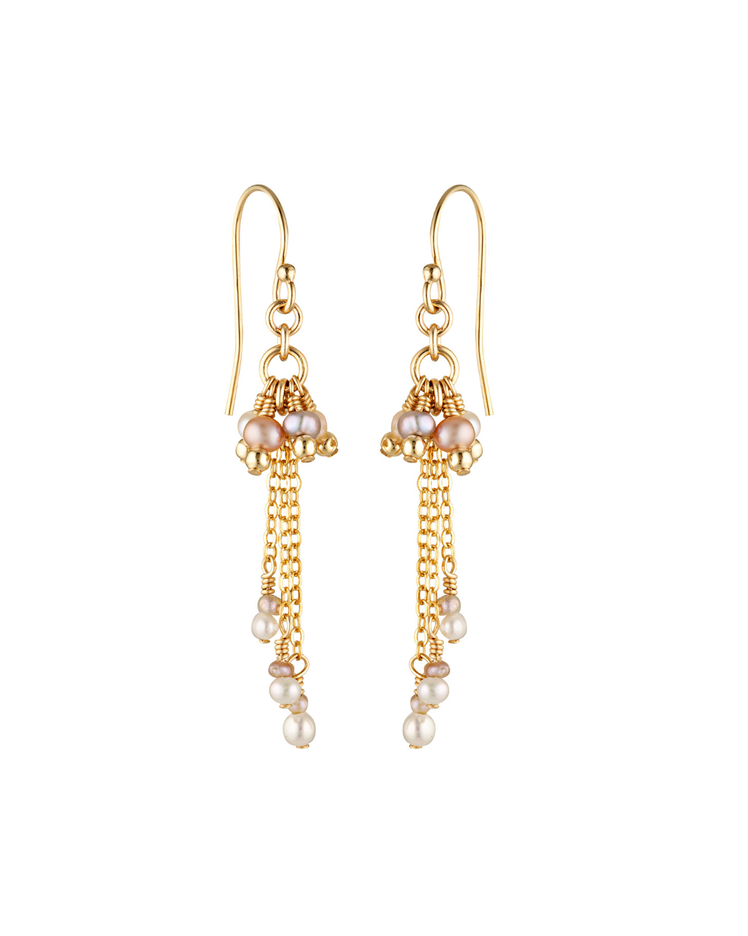 Gold earrings with pearl drops on a white background