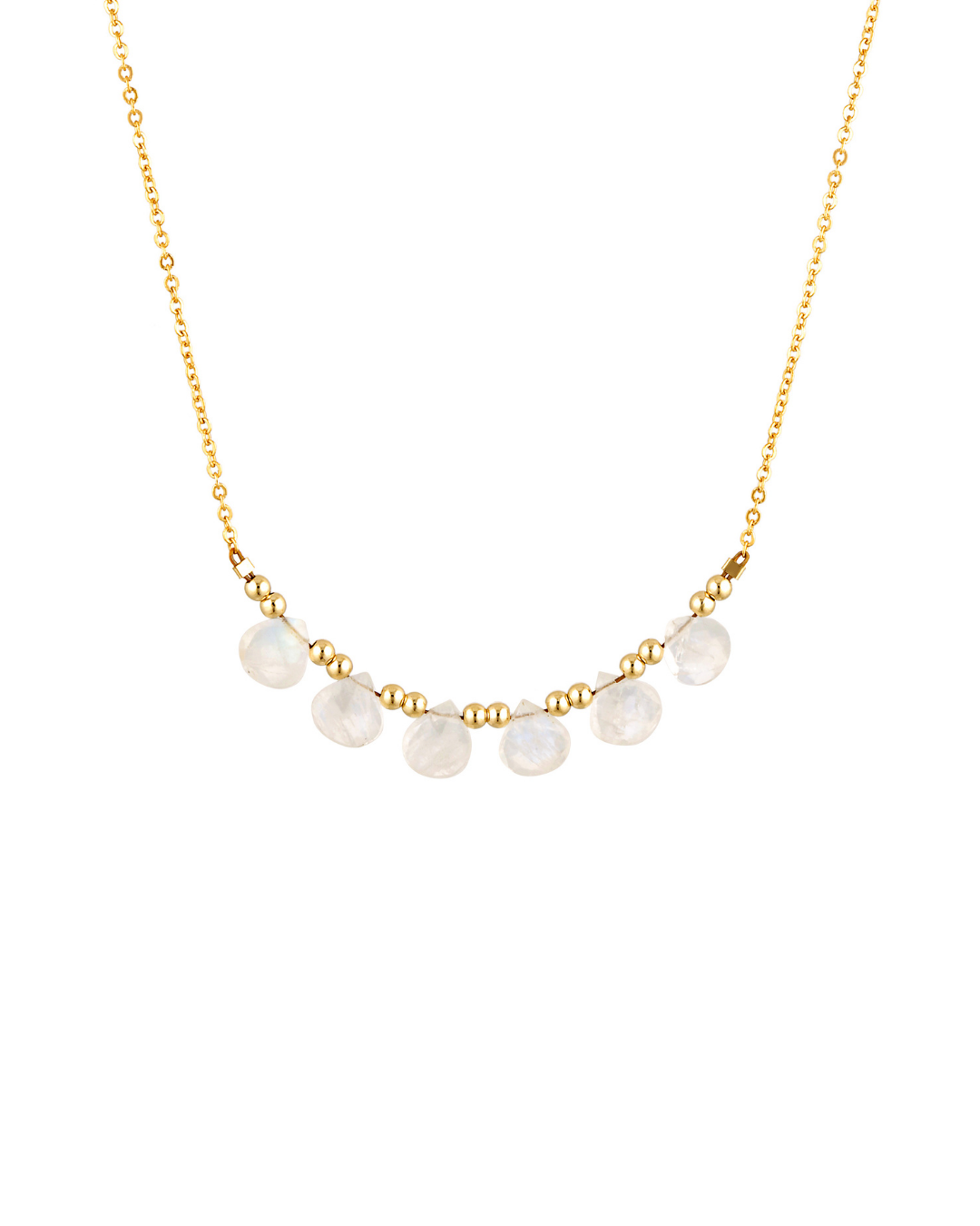 Necklace with monnstone beads on a gold chain against a white background