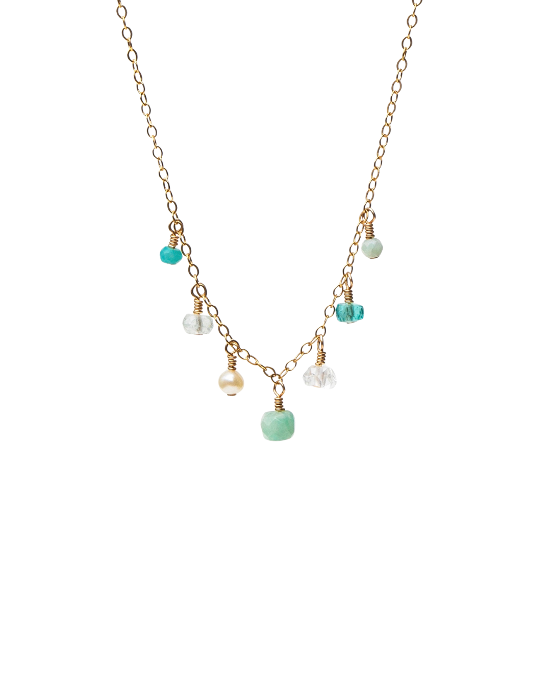 Necklace with turquoise and pearl beads on a white background