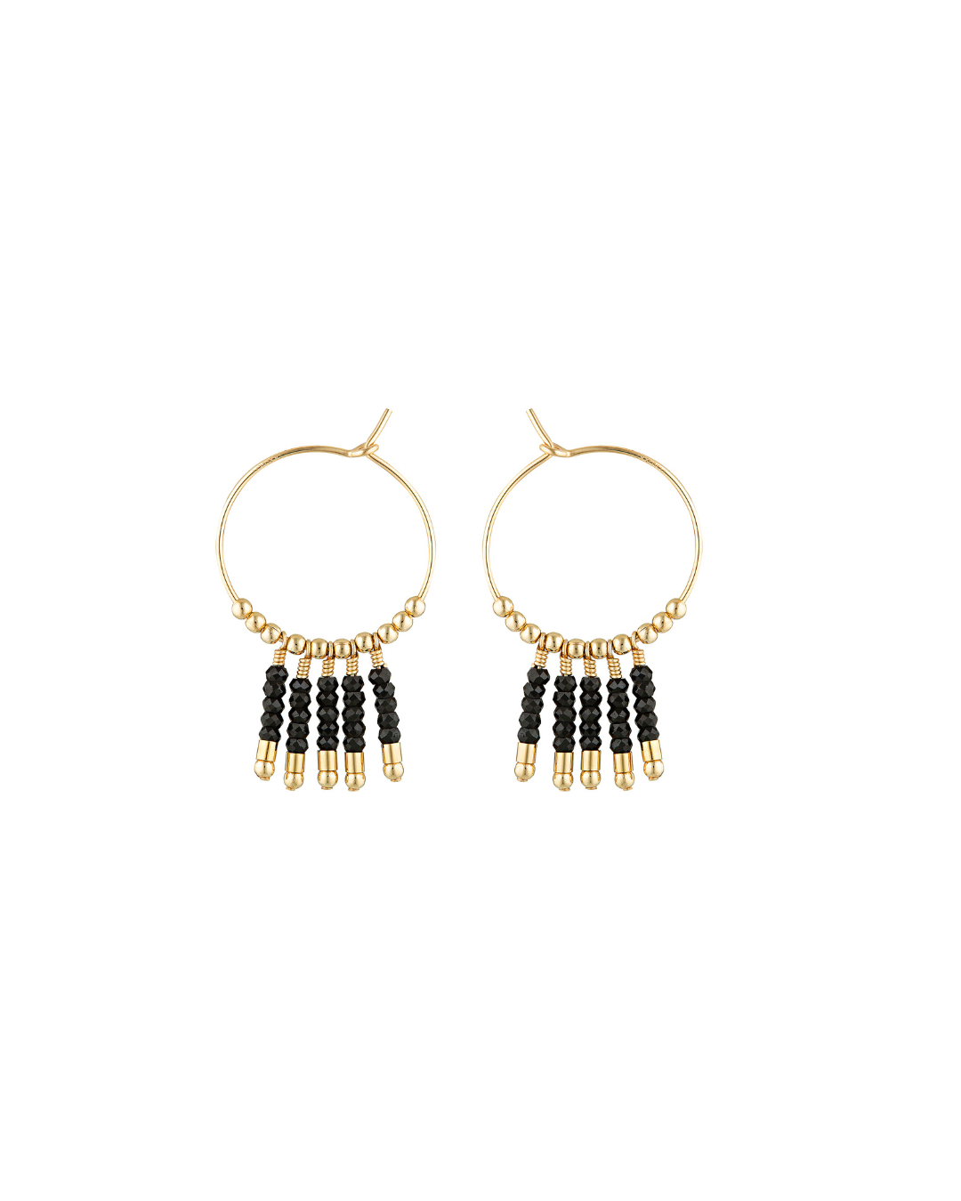 Gold hoop earrings with black gemstones and gold beads on a white background
