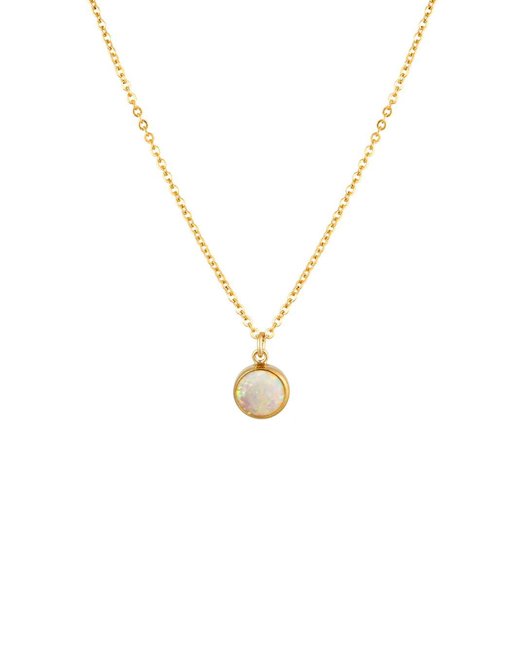 Gold necklace with a round opal pendant on a white background