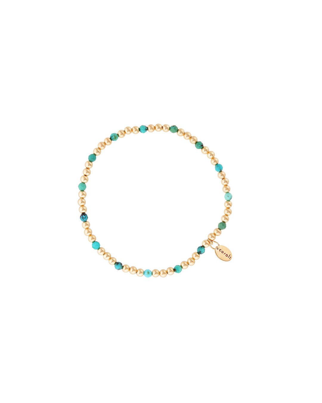 Gold beaded bracelet with turquoise gemstones on a white background