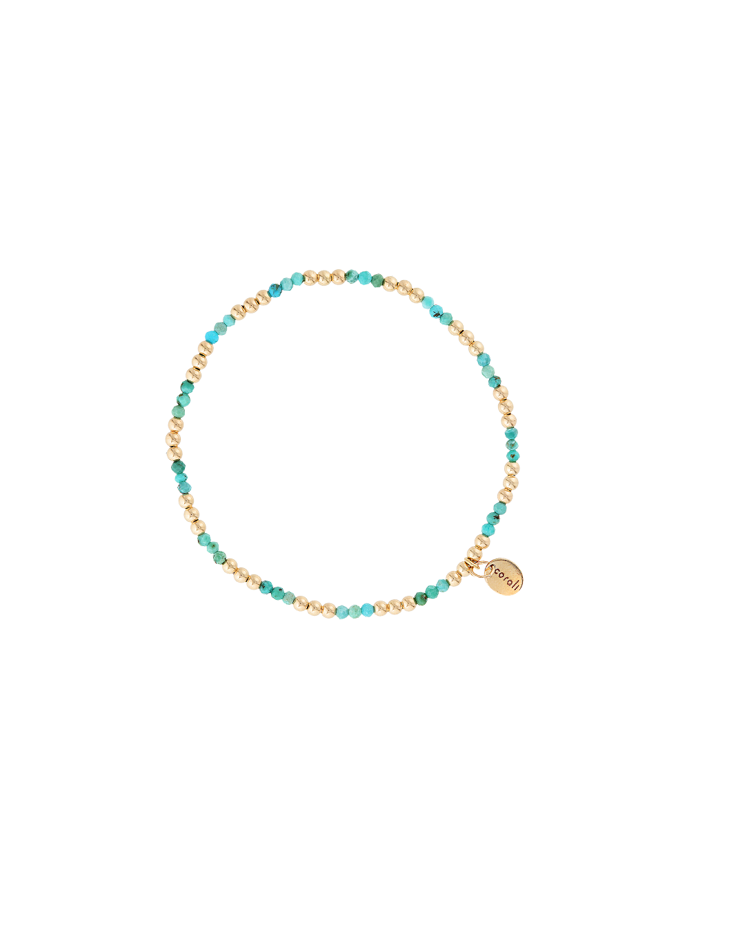 Gold bead bracelet with turquoise gemstones on a white background