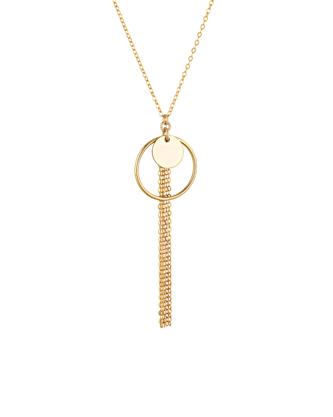 Gold necklace with a circular pendant and chain tassel on a white background