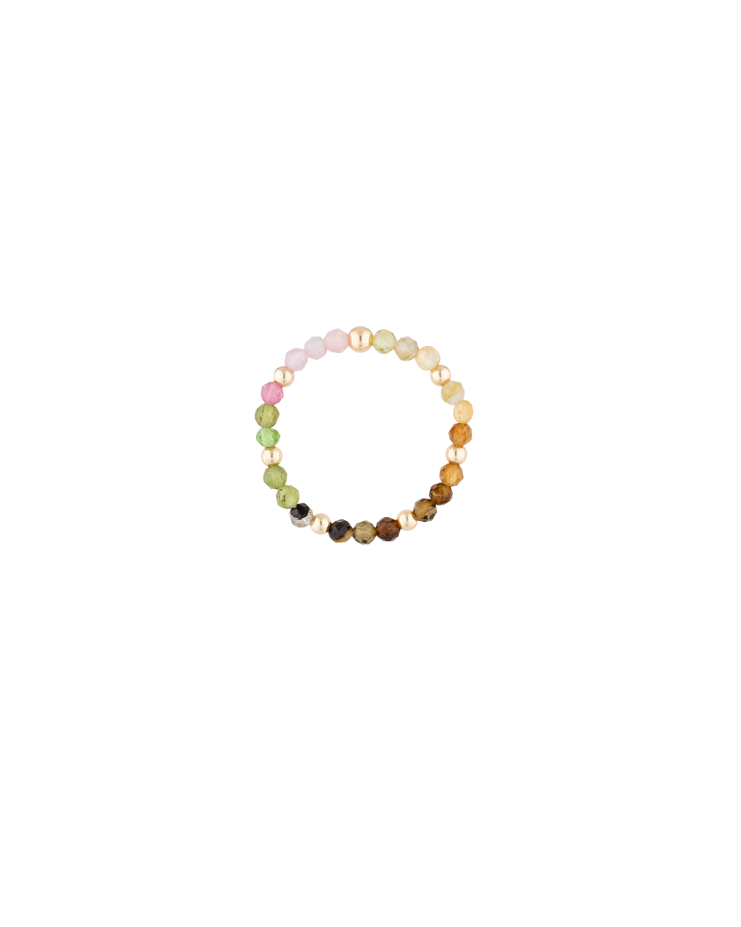 Gold and multi coloured tourmaline gemstone beaded bracelet on a white background