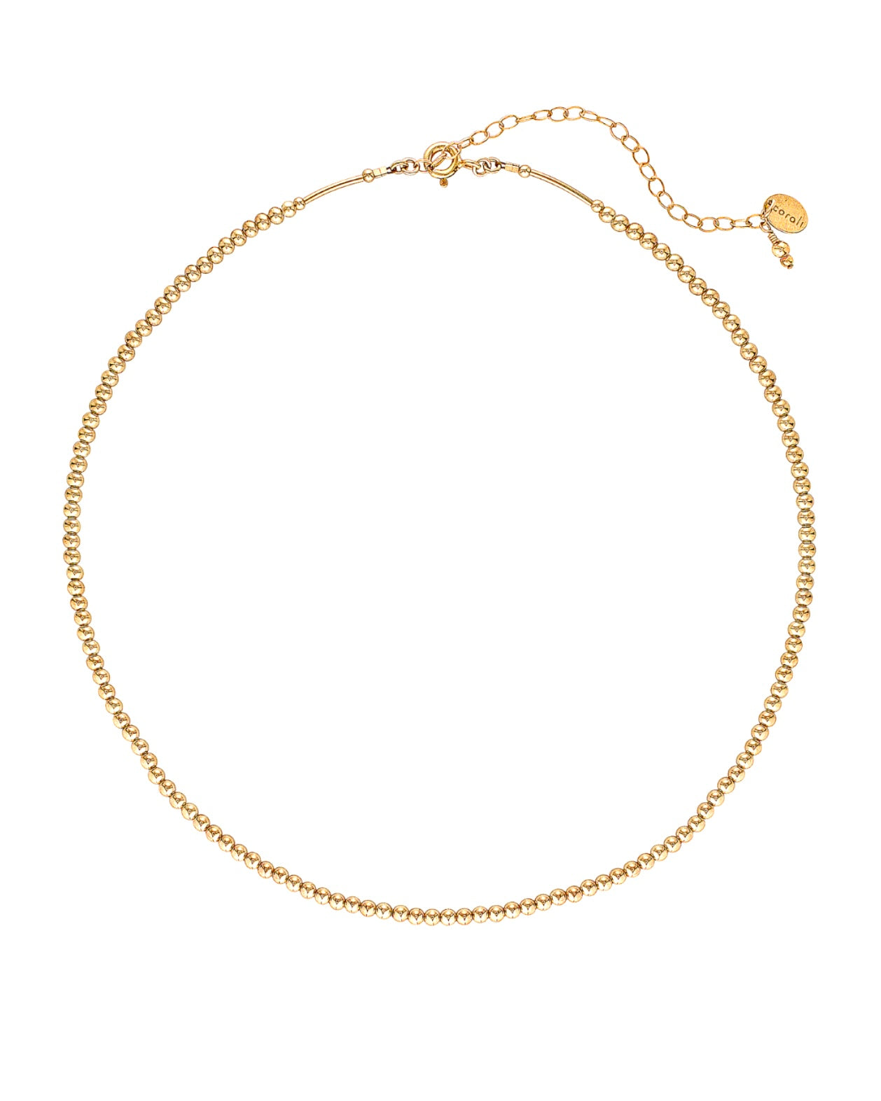 Gold beaded necklace on a white background