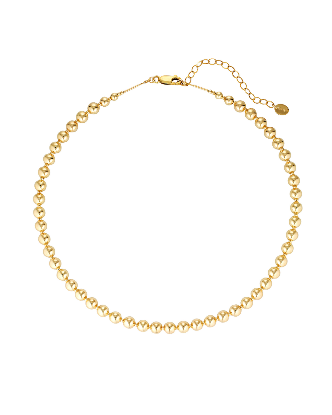 Gold beaded necklace on a white background