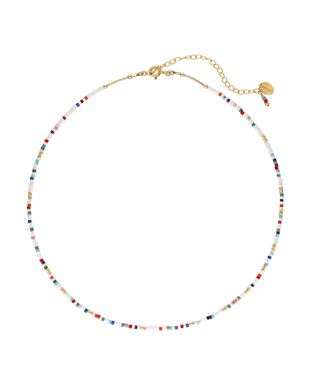 Multicolored beaded necklace on a white background