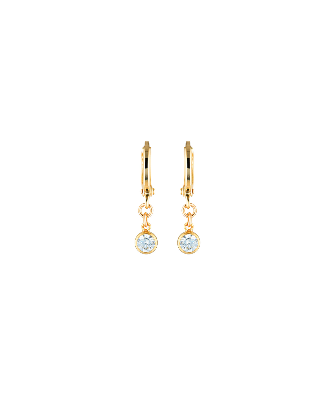 Gold hoop earrings with small round gemstones on a white background