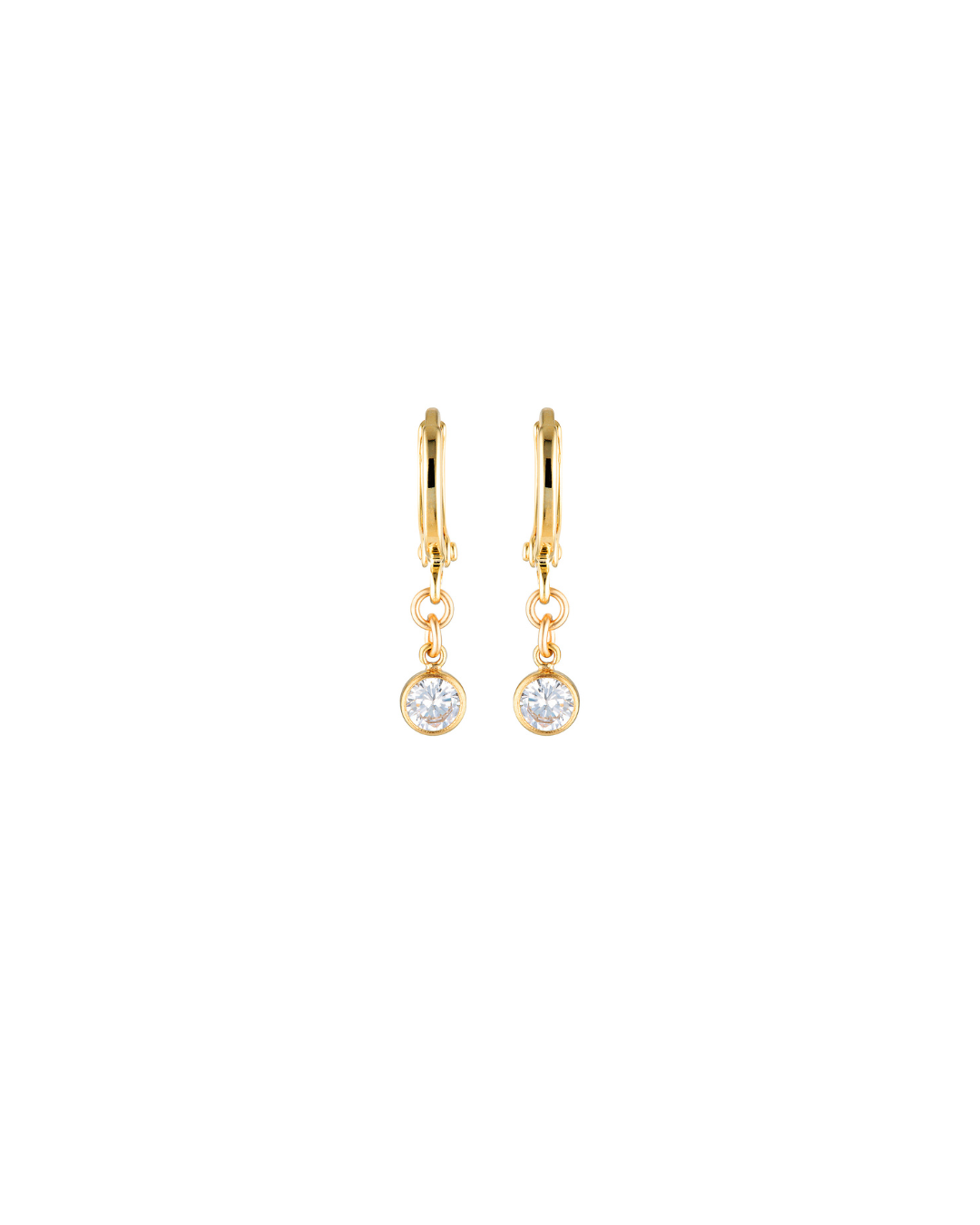 Gold cubic zirconia gemstone hoop earrings on a white background