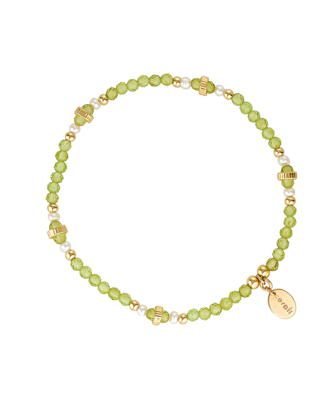 Beaded bracelet with peridot gemstones and pearls with gold accents on a white background