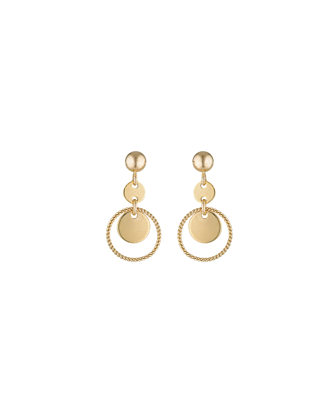 Gold earrings with circular designs on a white background