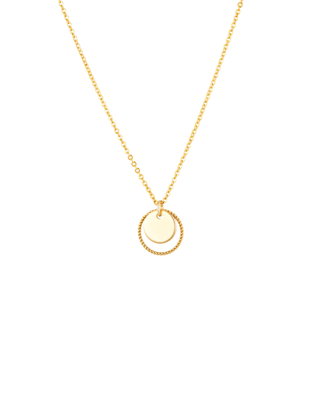 Gold necklace with a round pendant on a white background