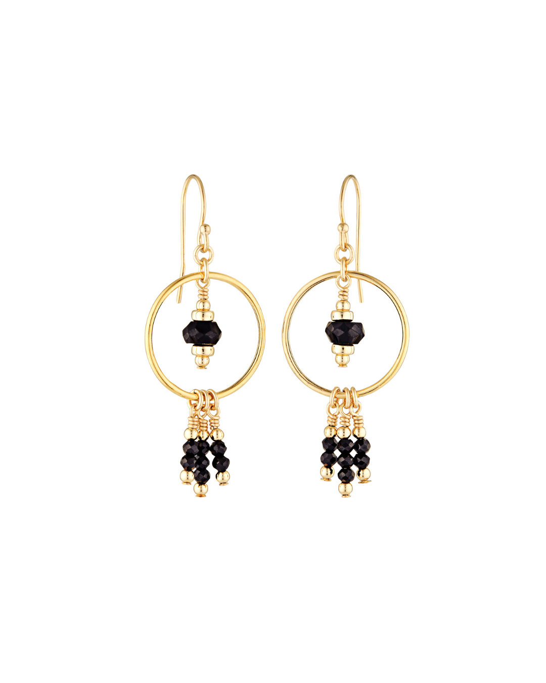 Gold drop earrings with black gemstones on a white background