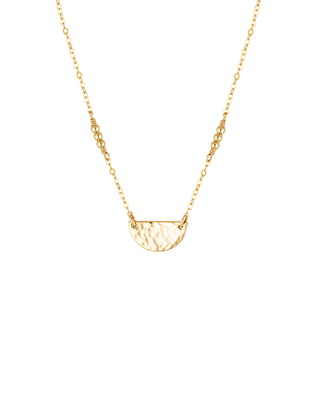 Gold necklace with a half-circle pendant on a white background