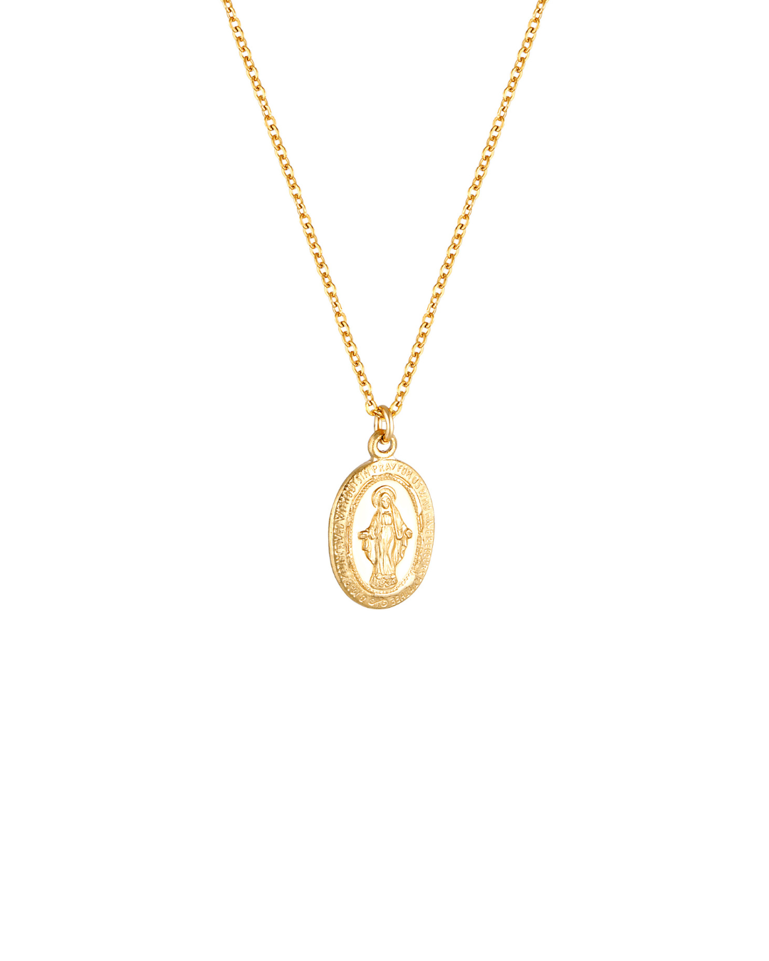 Delicate gold necklace with a Mary coin pendant on a white background