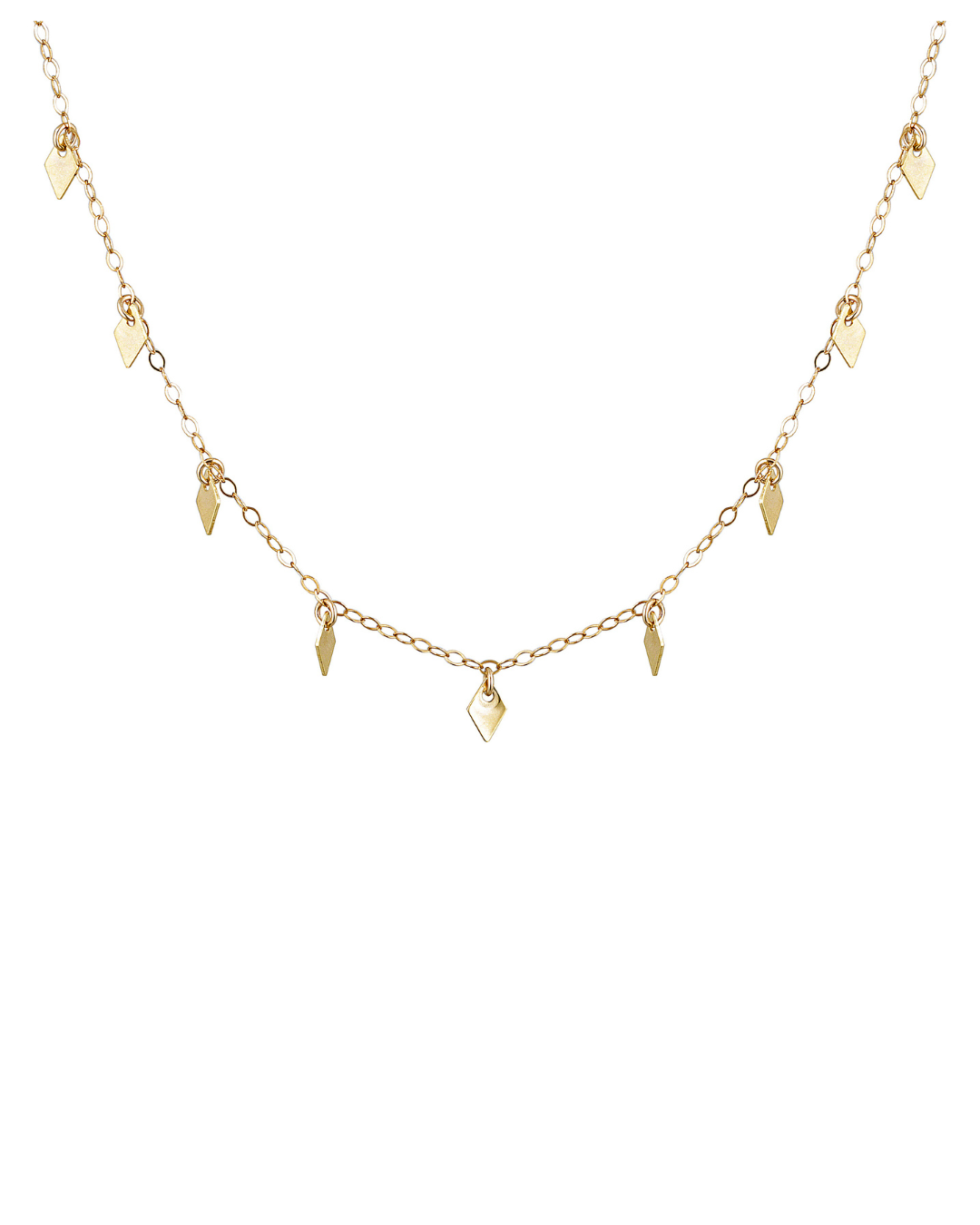 Gold necklace with diamond shaped pendants on a white background