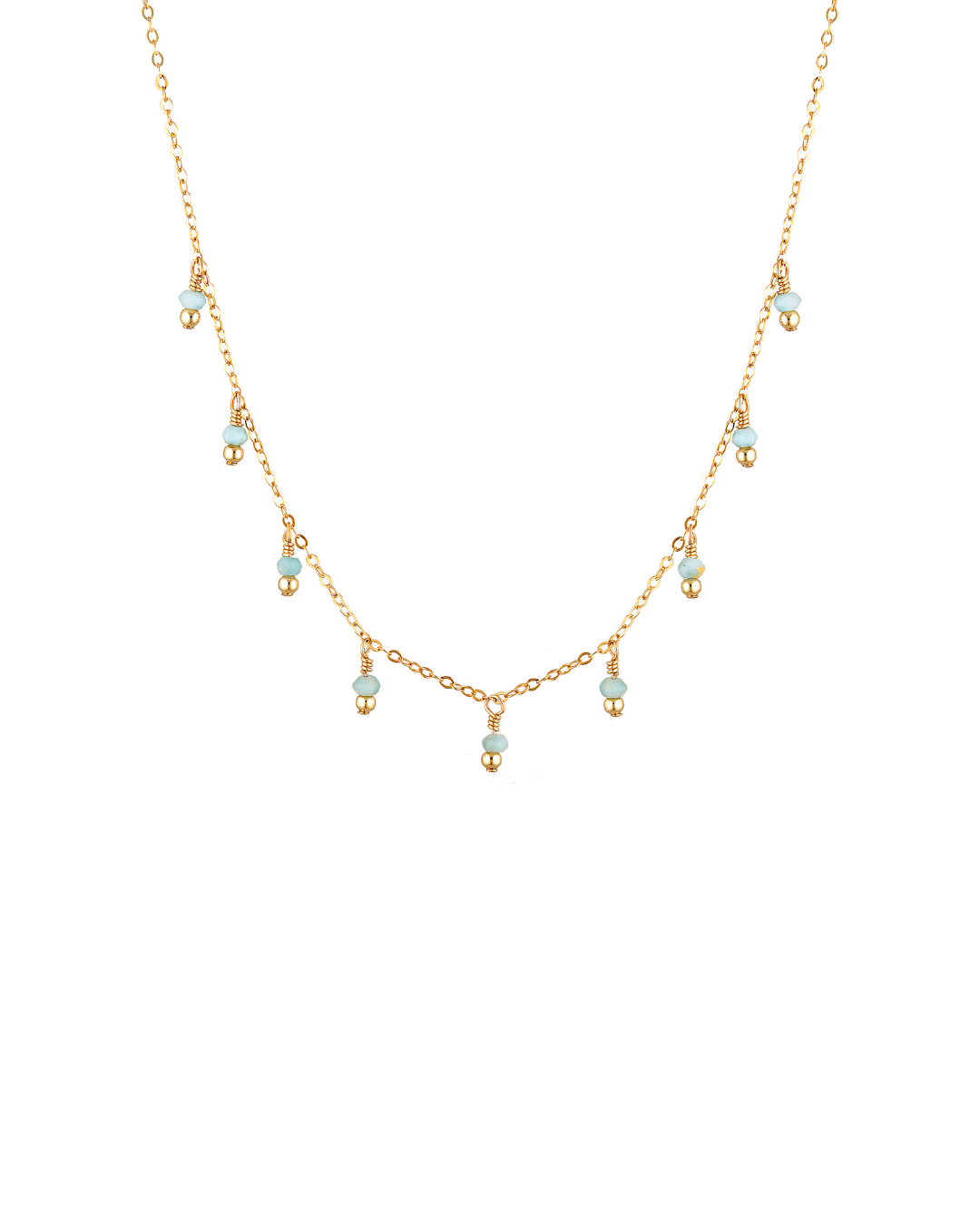 Delicate gold necklace with larimar gemstones on a white background