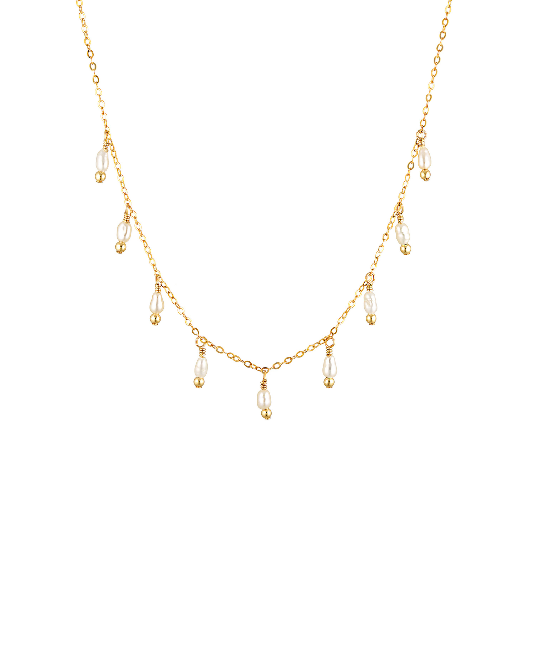 Delicate gold pearl necklace on a white background