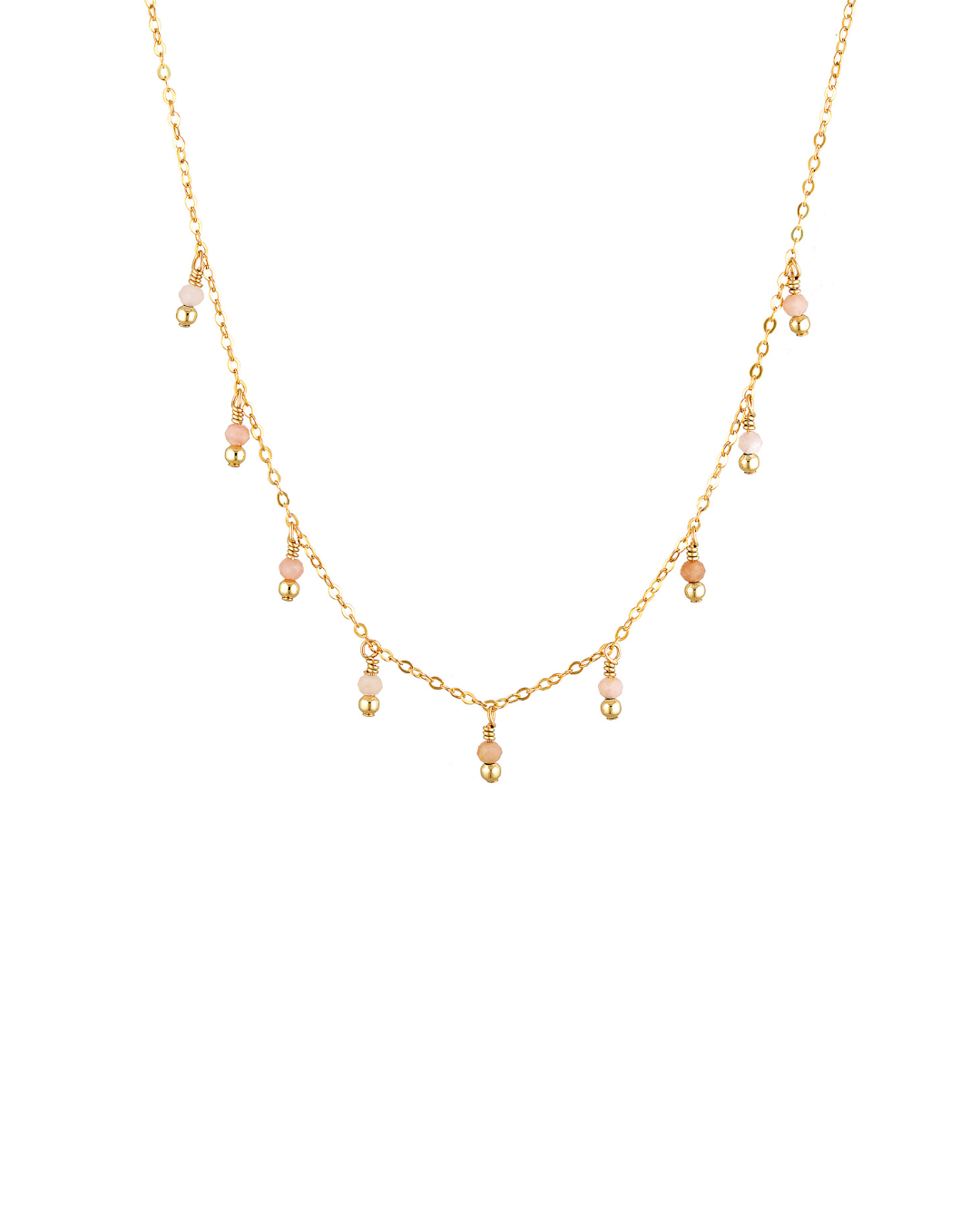 Gold pink peruvian opal necklace on a white background