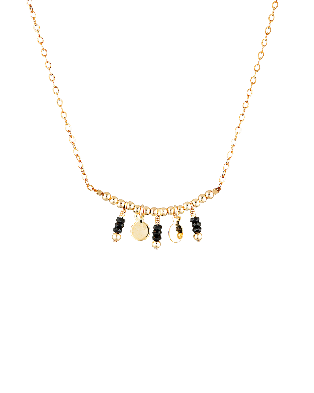 Gold necklace with black gemstones and gold beads on a white background