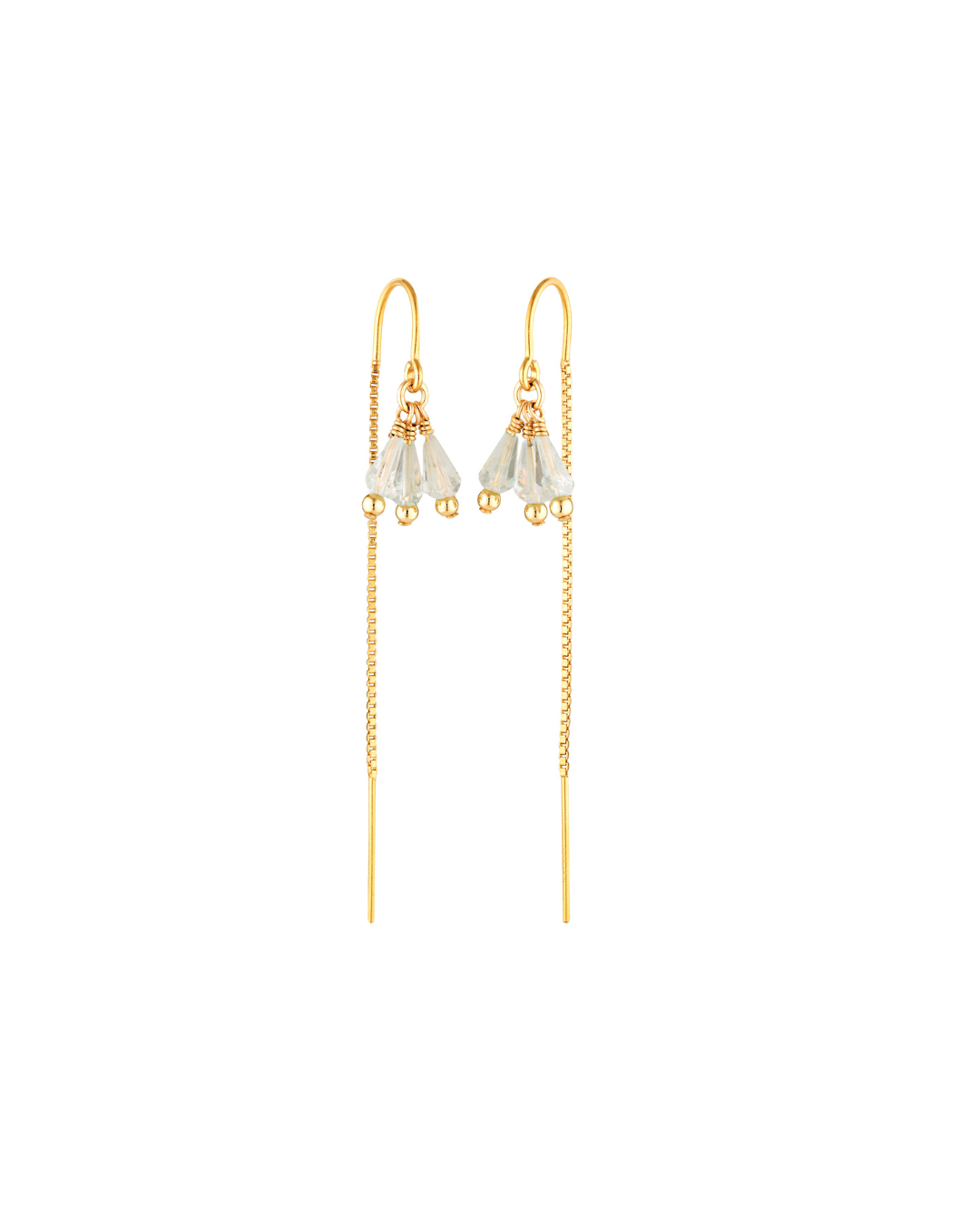 Gold thread earrings with aquamarine gemstones on a white background