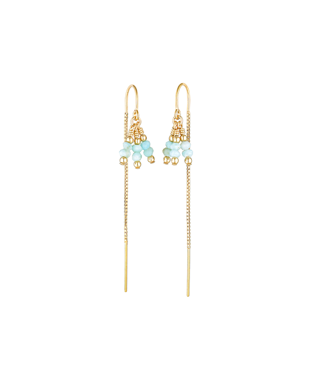 Gold thread earrings with larimar gemstones on a white background