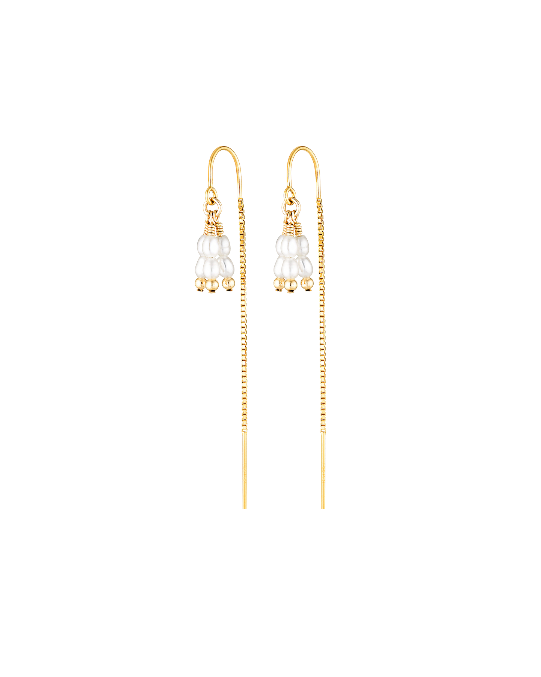 Pair of gold thread pearl earrings on a white background