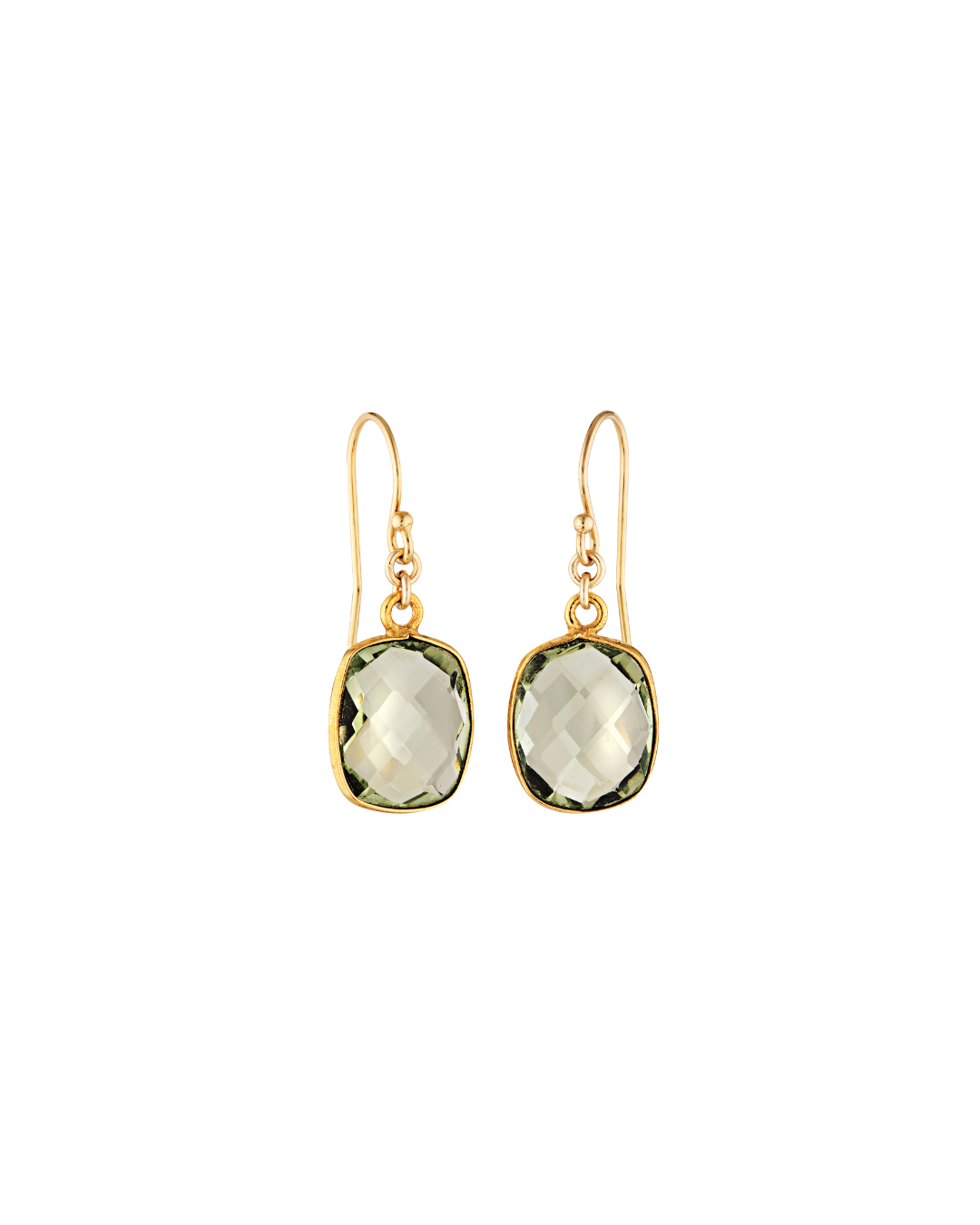 Gold and green amethyst earrings on a white background