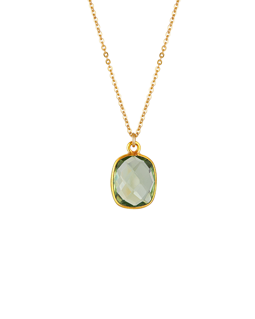Gold necklace with a green amethyst pendant on a white background