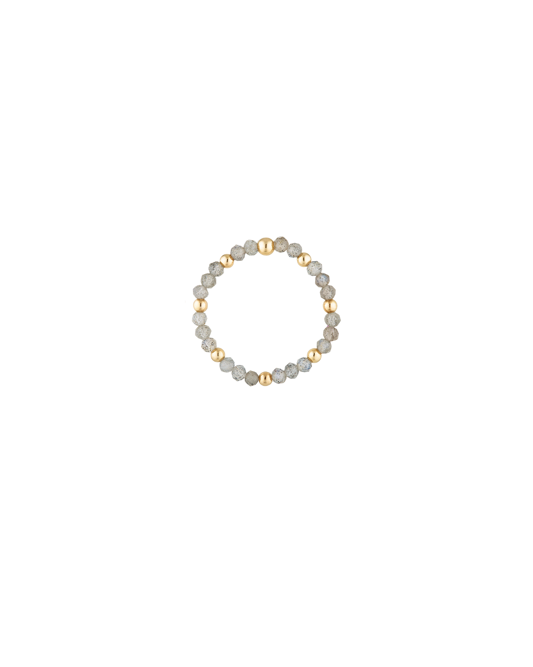 Gold beaded ring with labradorite gemstones on a white background