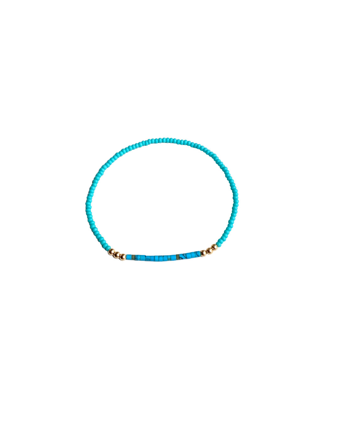 Turquoise beaded bracelet with gold accents on a white background