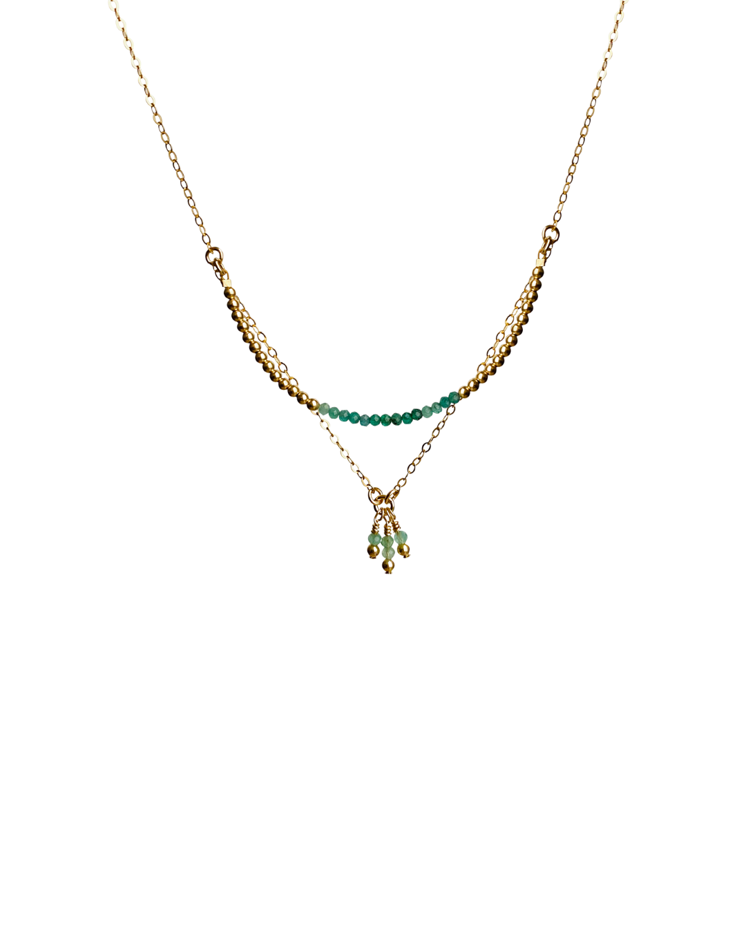 Gold and emerald gemstone necklace on a white background