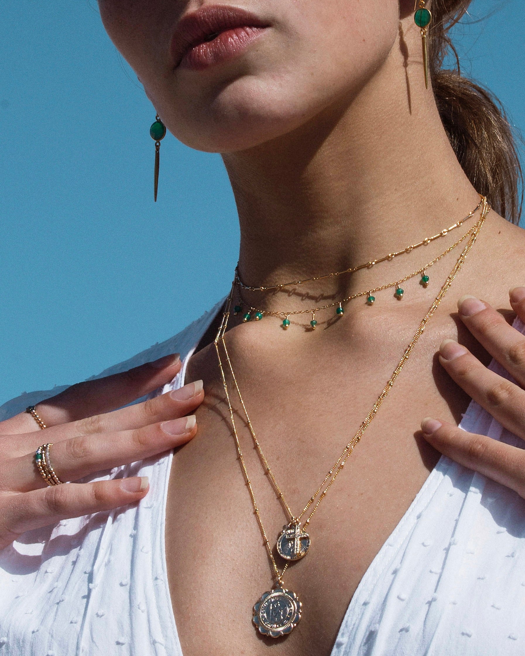 Virgin Mary Trio Necklace with Cross Moonstone Corali