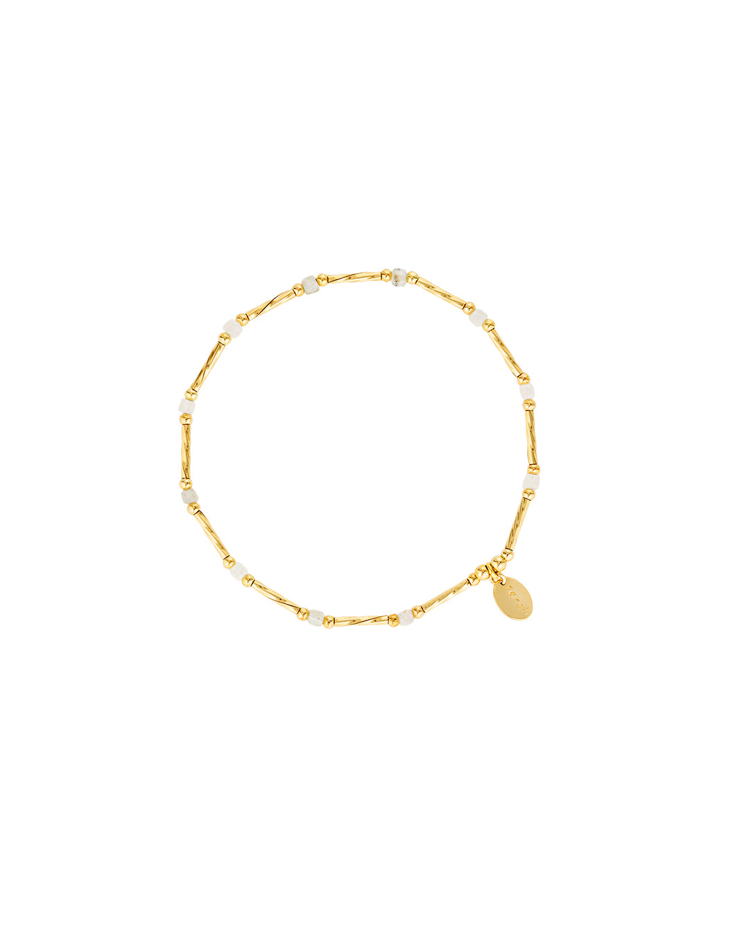 Gold bracelet with soft blue Aquamarine cube gemstones paired with a mix of round and corrugated tube-shaped beads