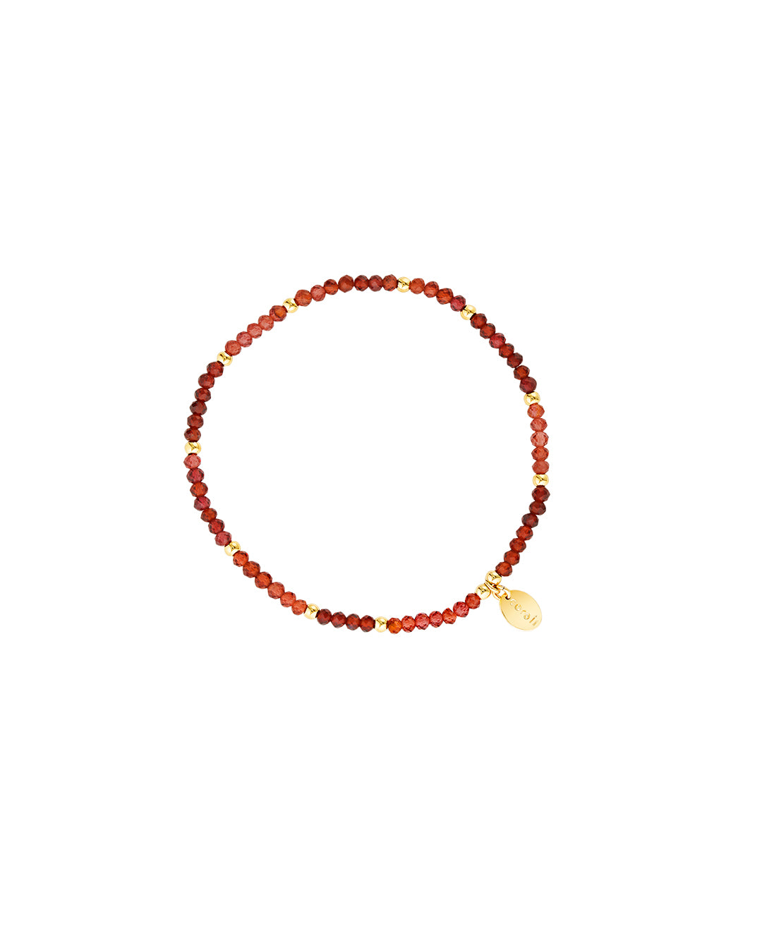 Beaded bracelet with Gold beads and faceted Garnet gemstones and a gold charm