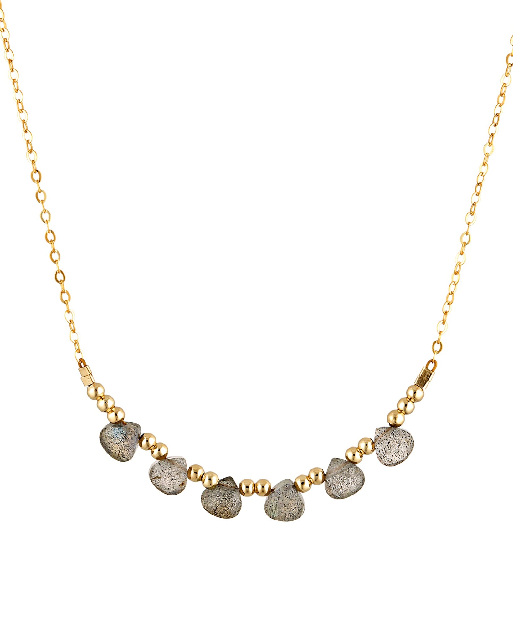 A delicate necklace featuring gold accent beads and faceted Labradorite briolettes, suspended from a fine cable chain.