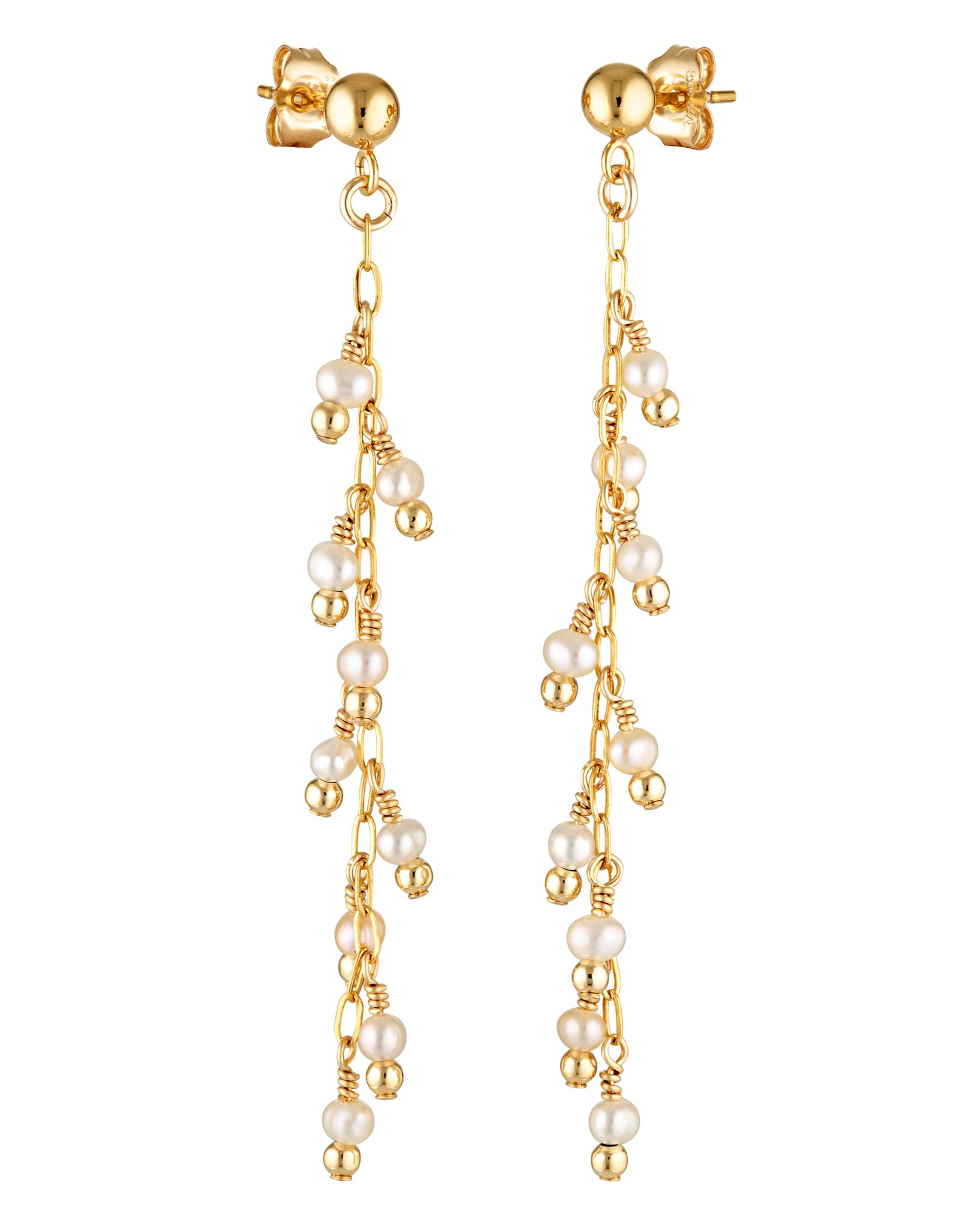 A pair of gold-filled earrings featuring a cascade of freshwater pearls and small gold-filled beads.