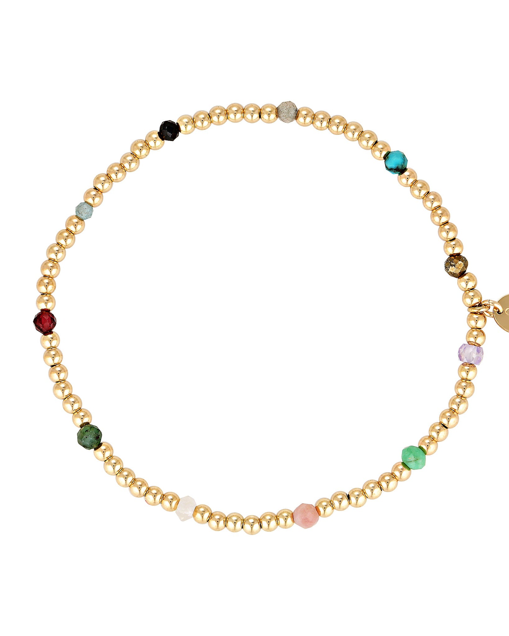 A multi-colored gemstone bracelet with gold beads, displayed against a white background.