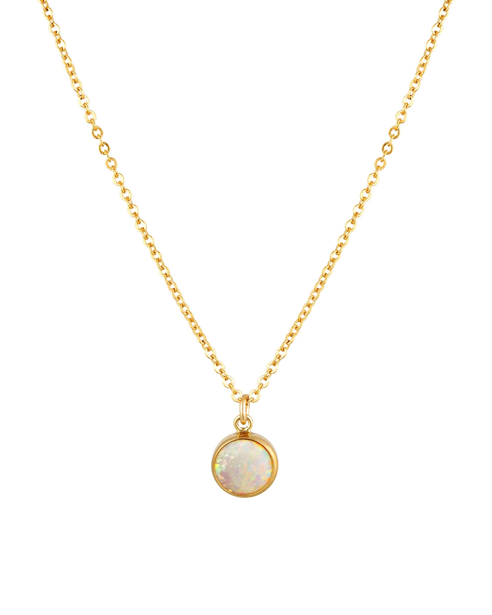 A gold-filled chain necklace with a central opal pendant, presented against a white background.