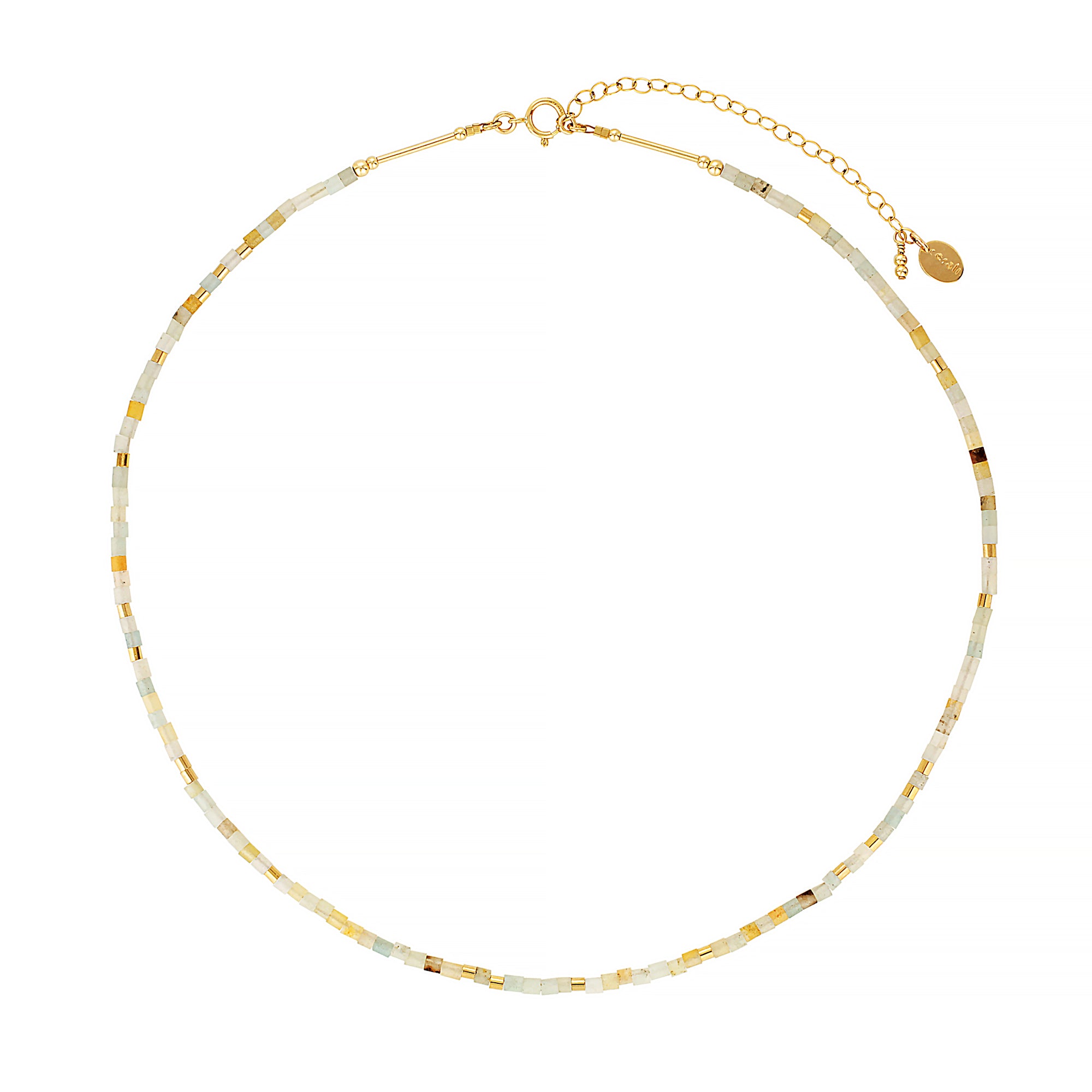 A choker necklace with beads featuring amazonite gemstones in shades of blue, green and earthy tones, with gold accent tube beads.
