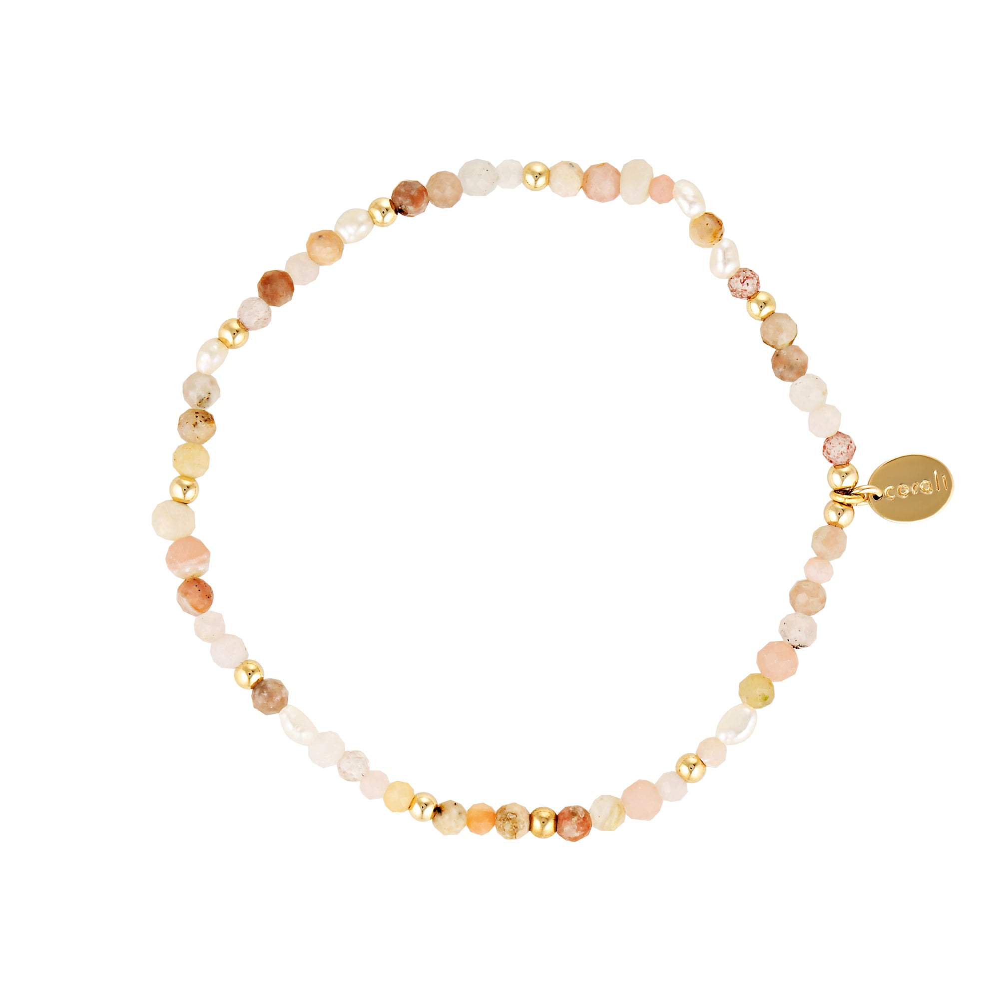 A dainty pink and gold bracelet with a mix of gemstones and pearls threaded together
