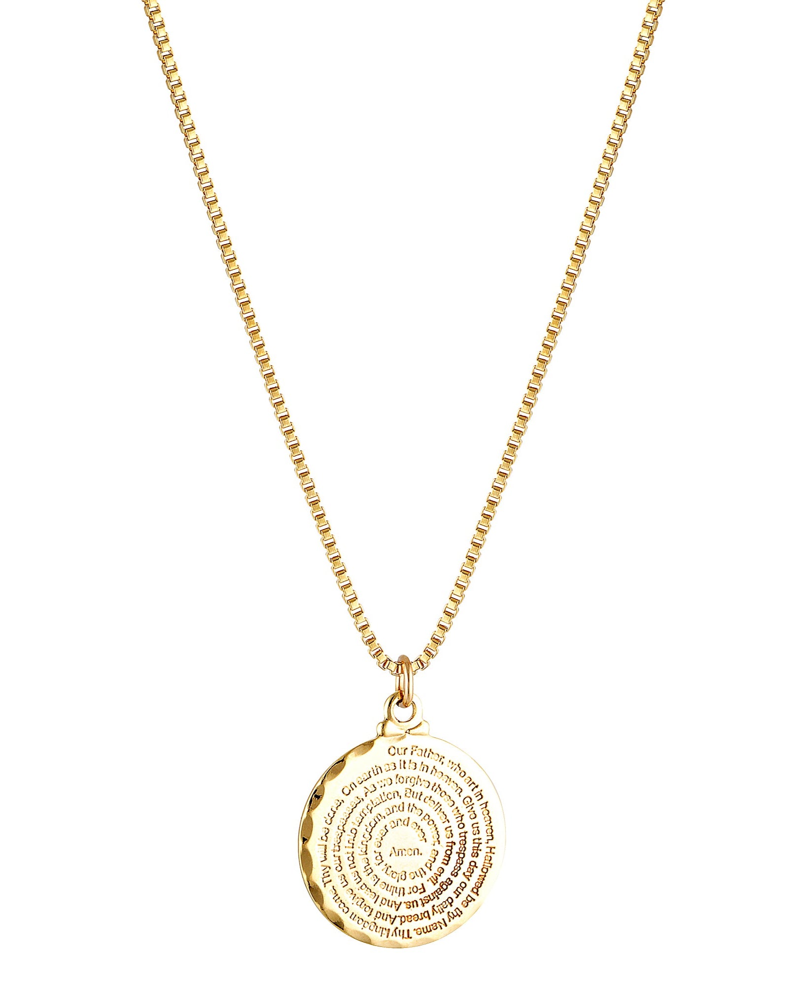 A gold coin necklace with engraved text, suspended from a gold box chain.