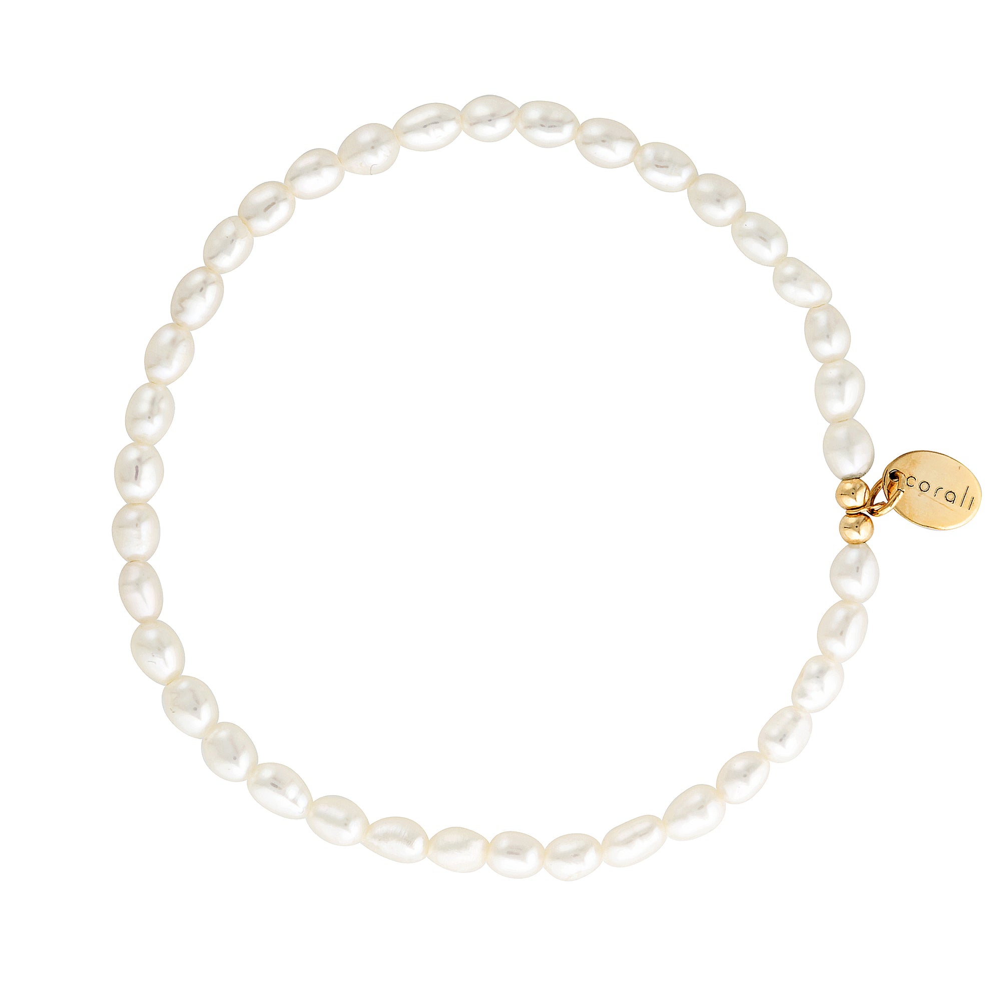 A bracelet featuring fresh water pearls with 14Kt gold filled beads and a gold charm, hand threaded on stretch cord.